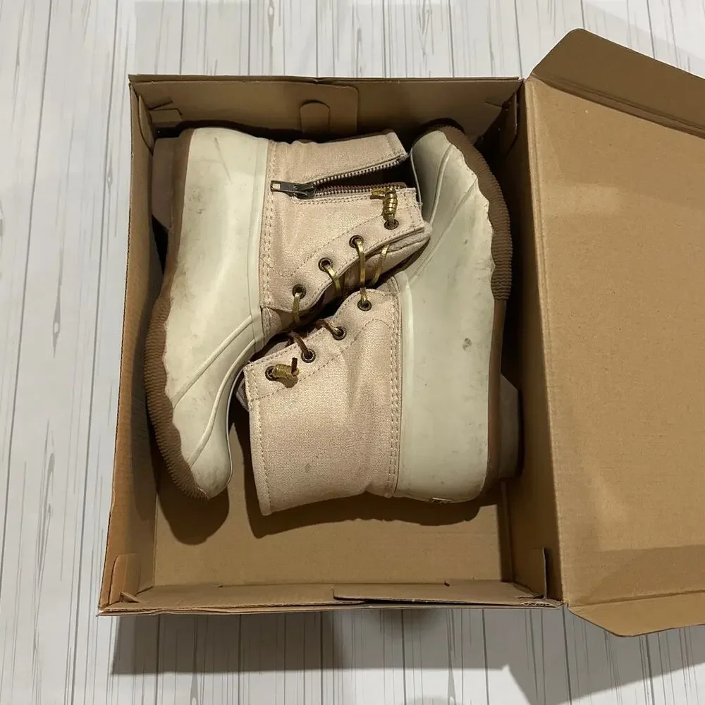 Womens Sperry Top-Sider Saltwater Canvas Rain Boots Oat/Gold Waterproof Rubber
